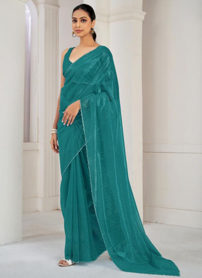 Soft Organza Sea Green Casual Wear Hand Work Saree